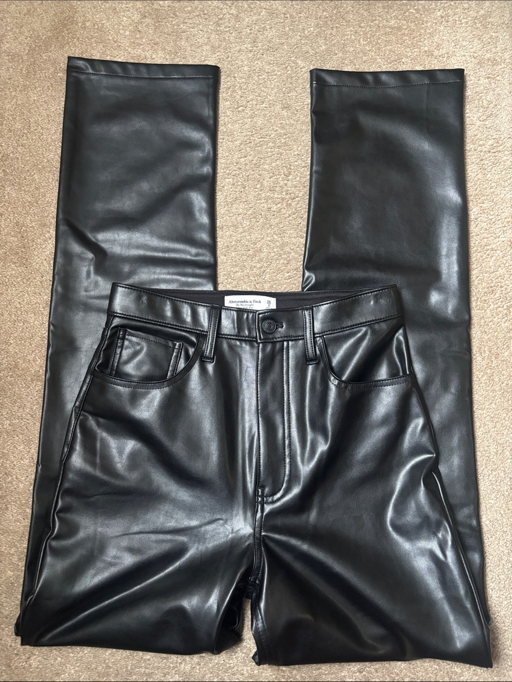 High Rise Straight Black Leather Jeans